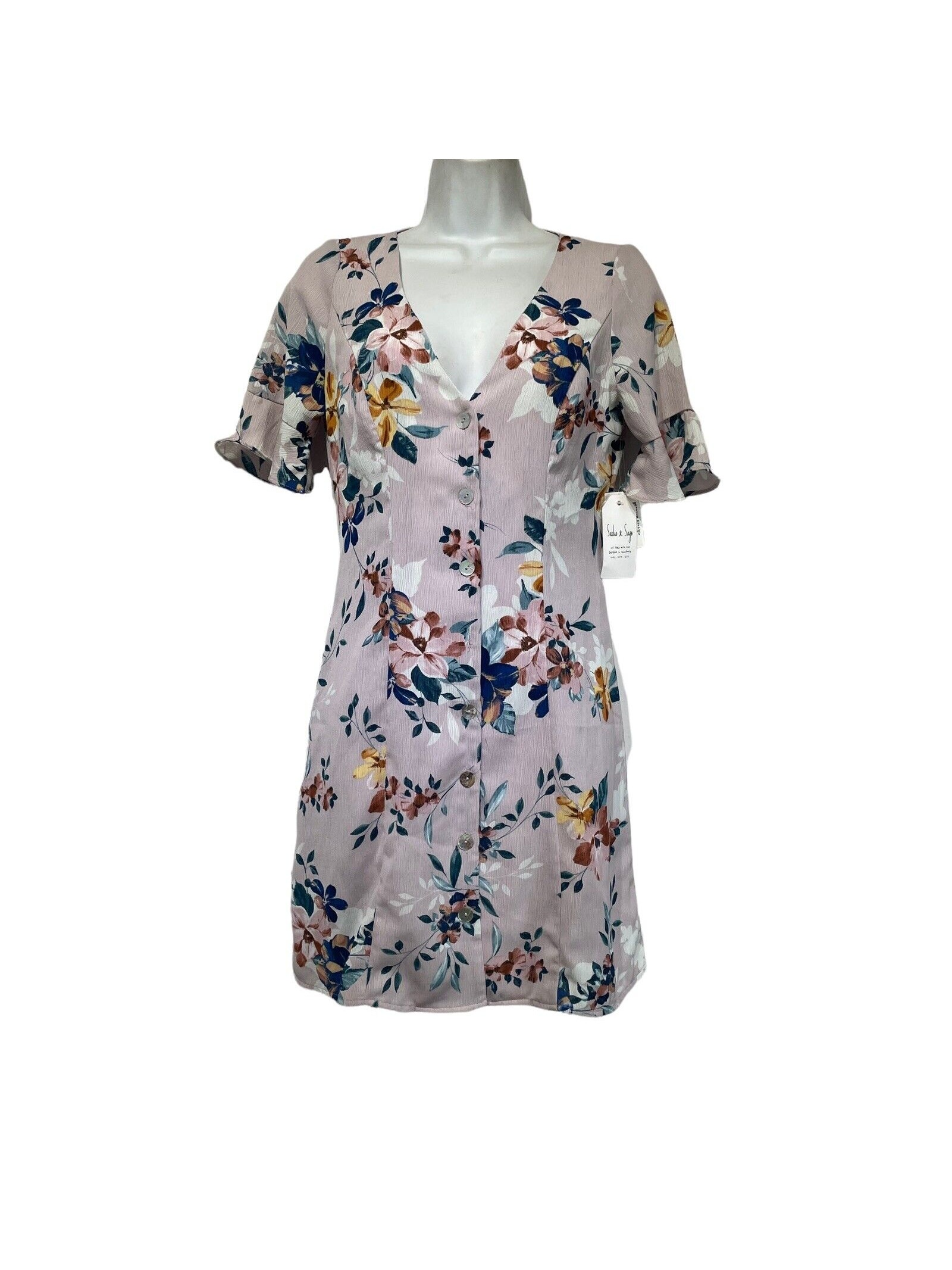 Sadie & Sage Women's Tropical Floral Button Down Pink Dress Size S